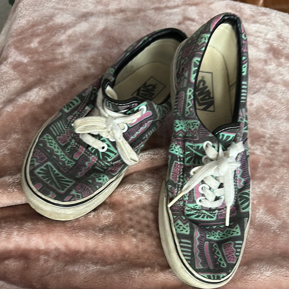 Vans Black and Green Athletic Shoes with Camouflage Pattern